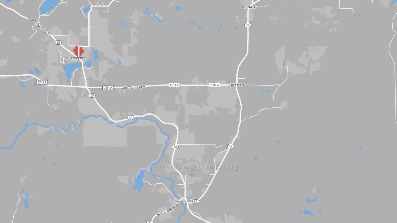 Walk Grade map of Lily, WI, walkable areas in green and car-dependent areas in red