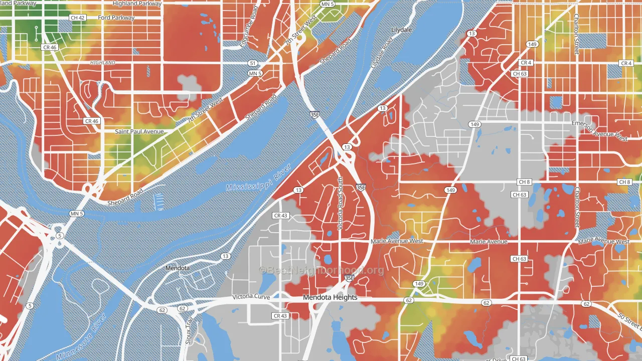 Walk Grade map of Lilydale, MN, walkable areas in green and car-dependent areas in red