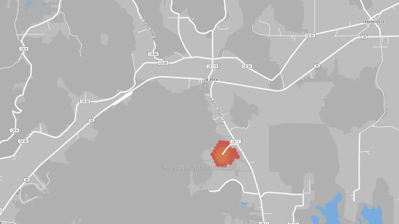 Walk Grade map of Lim Rock, AL, walkable areas in green and car-dependent areas in red