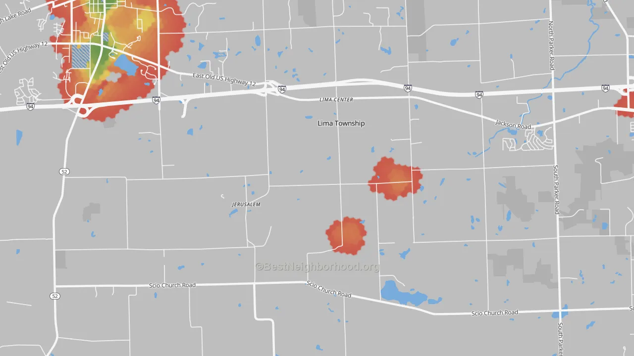 Walk Grade map of Lima Center, MI, walkable areas in green and car-dependent areas in red