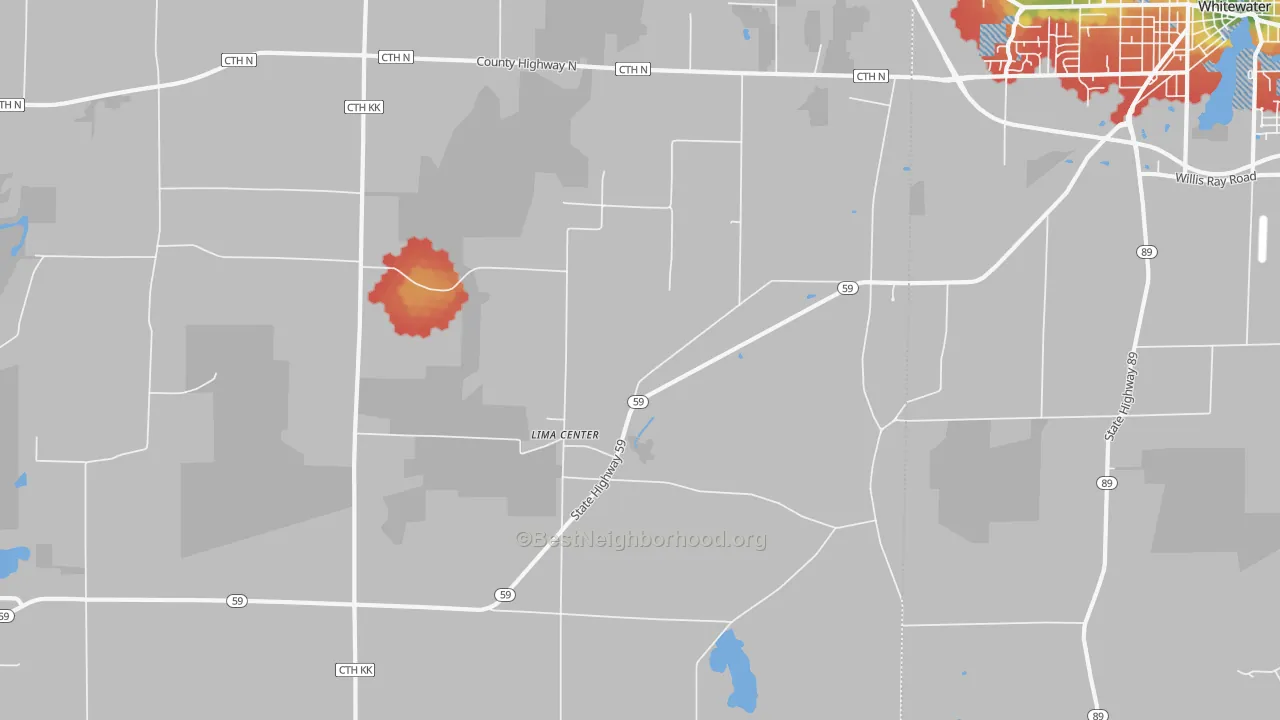 Walk Grade map of Lima Center, WI, walkable areas in green and car-dependent areas in red