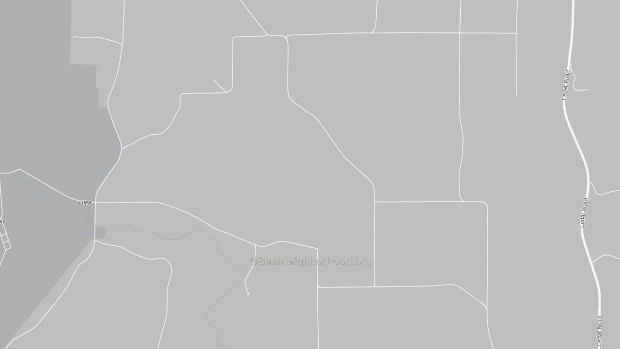 Walk Grade map of Lima, IA, walkable areas in green and car-dependent areas in red