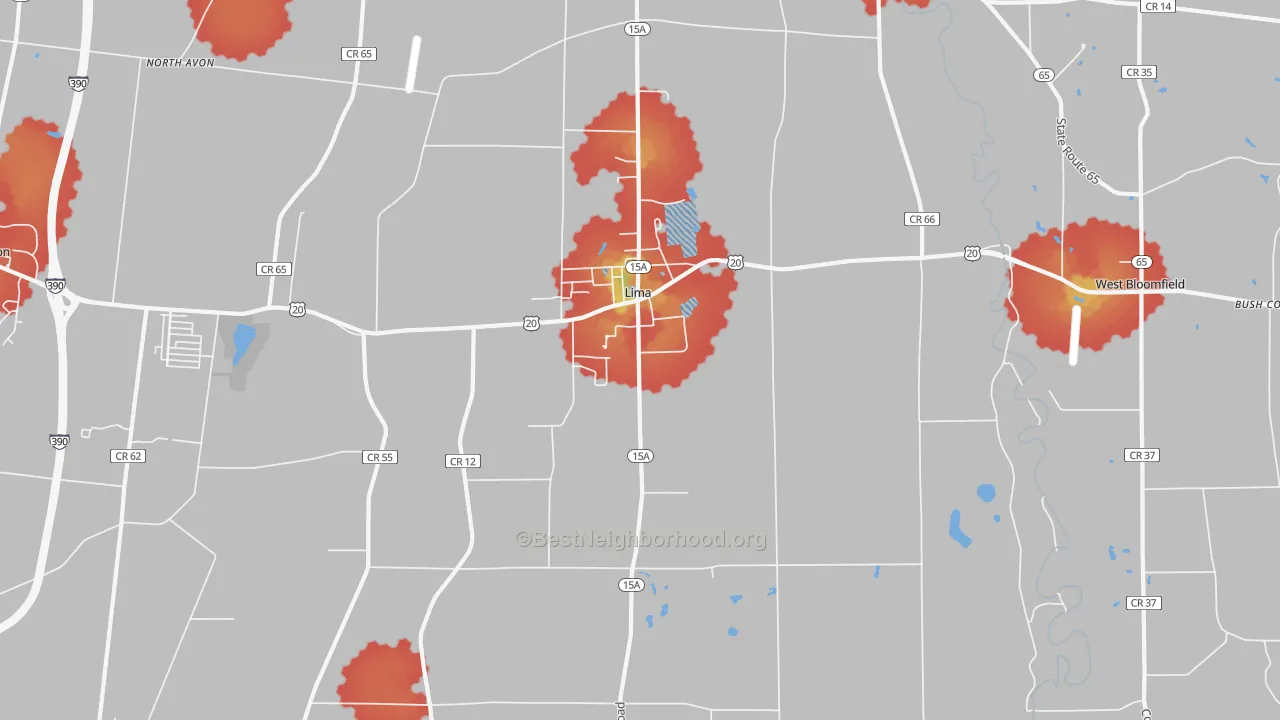 Walk Grade map of Lima, NY, walkable areas in green and car-dependent areas in red
