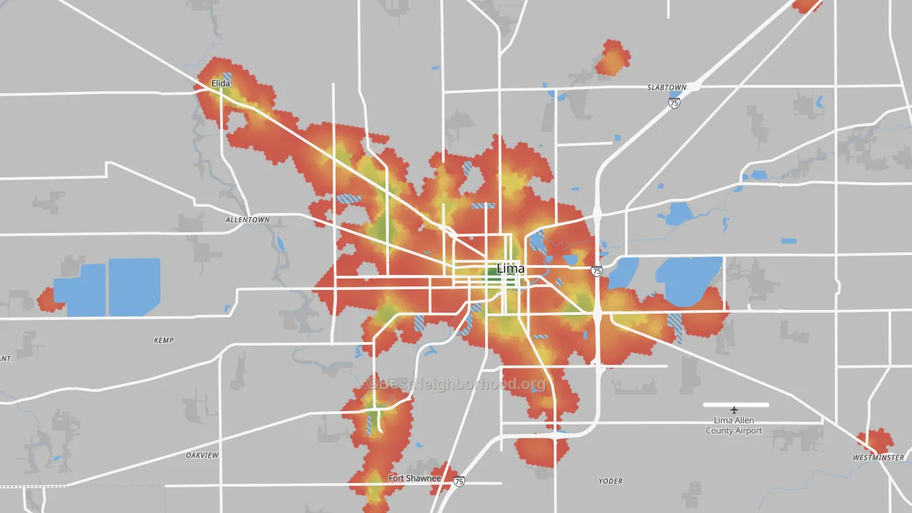 Walk Grade map of Lima, OH, walkable areas in green and car-dependent areas in red