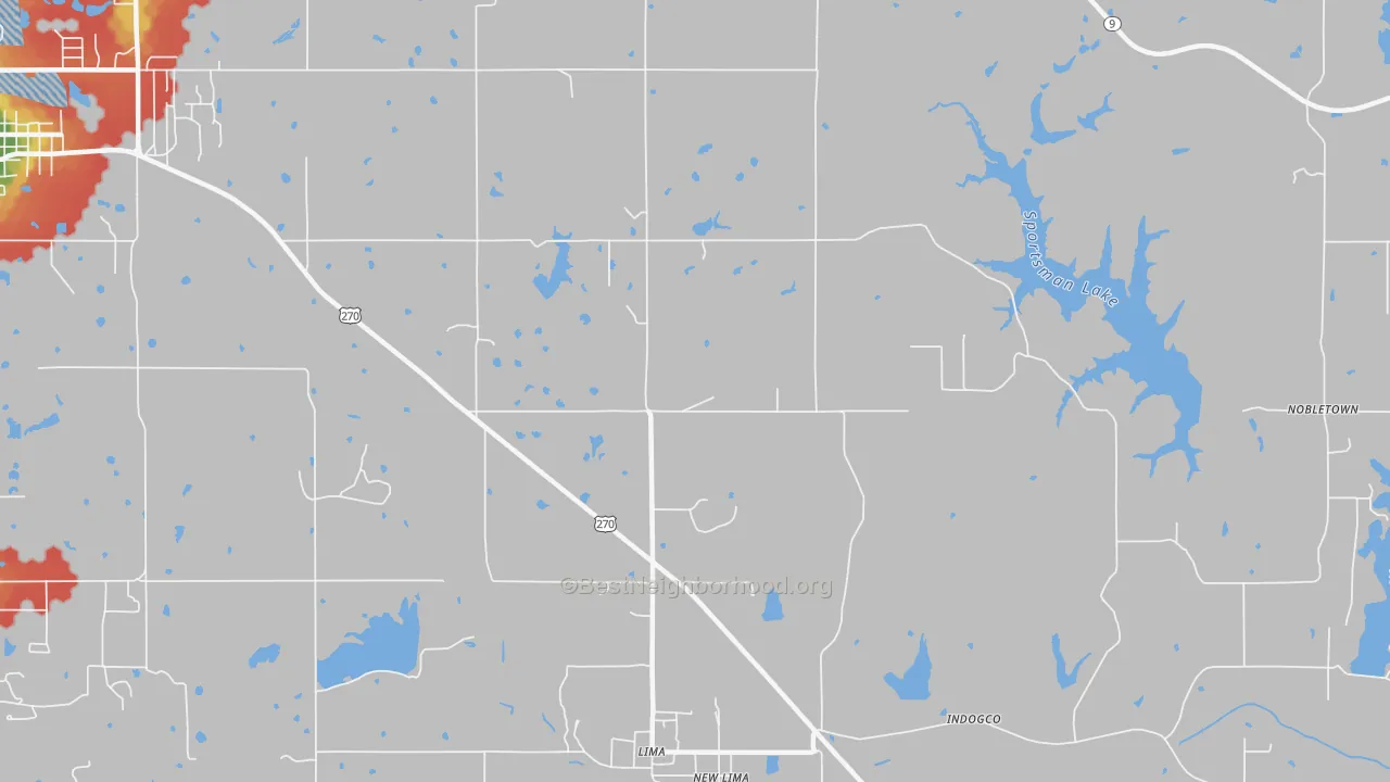 Walk Grade map of Lima, OK, walkable areas in green and car-dependent areas in red