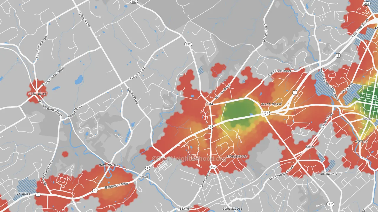Walk Grade map of Lima, PA, walkable areas in green and car-dependent areas in red
