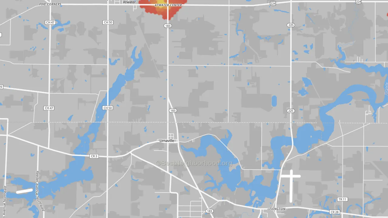 Walk Grade map of Limaville, OH, walkable areas in green and car-dependent areas in red