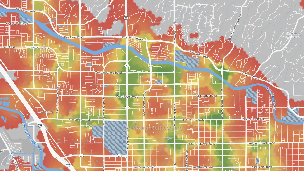 Walk Grade map of Limberlost, Tucson, AZ, walkable areas in green and car-dependent areas in red