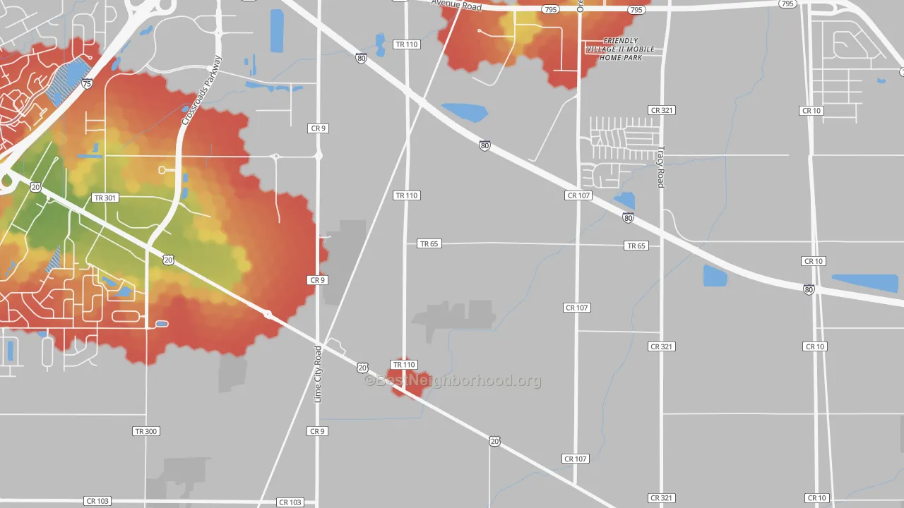 Walk Grade map of Lime City, OH, walkable areas in green and car-dependent areas in red