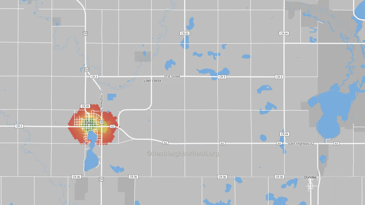Walk Grade map of Lime Creek, MN, walkable areas in green and car-dependent areas in red