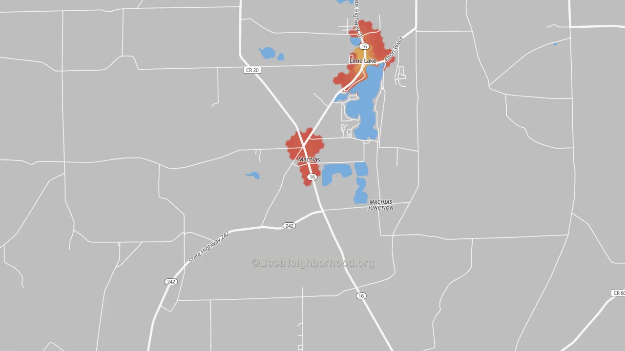 Walk Grade map of Lime Lake, NY, walkable areas in green and car-dependent areas in red