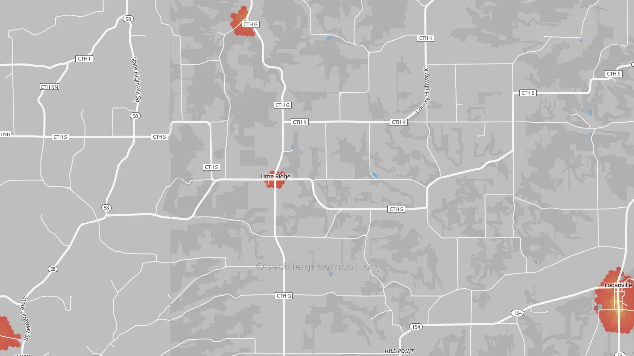 Walk Grade map of Lime Ridge, WI, walkable areas in green and car-dependent areas in red