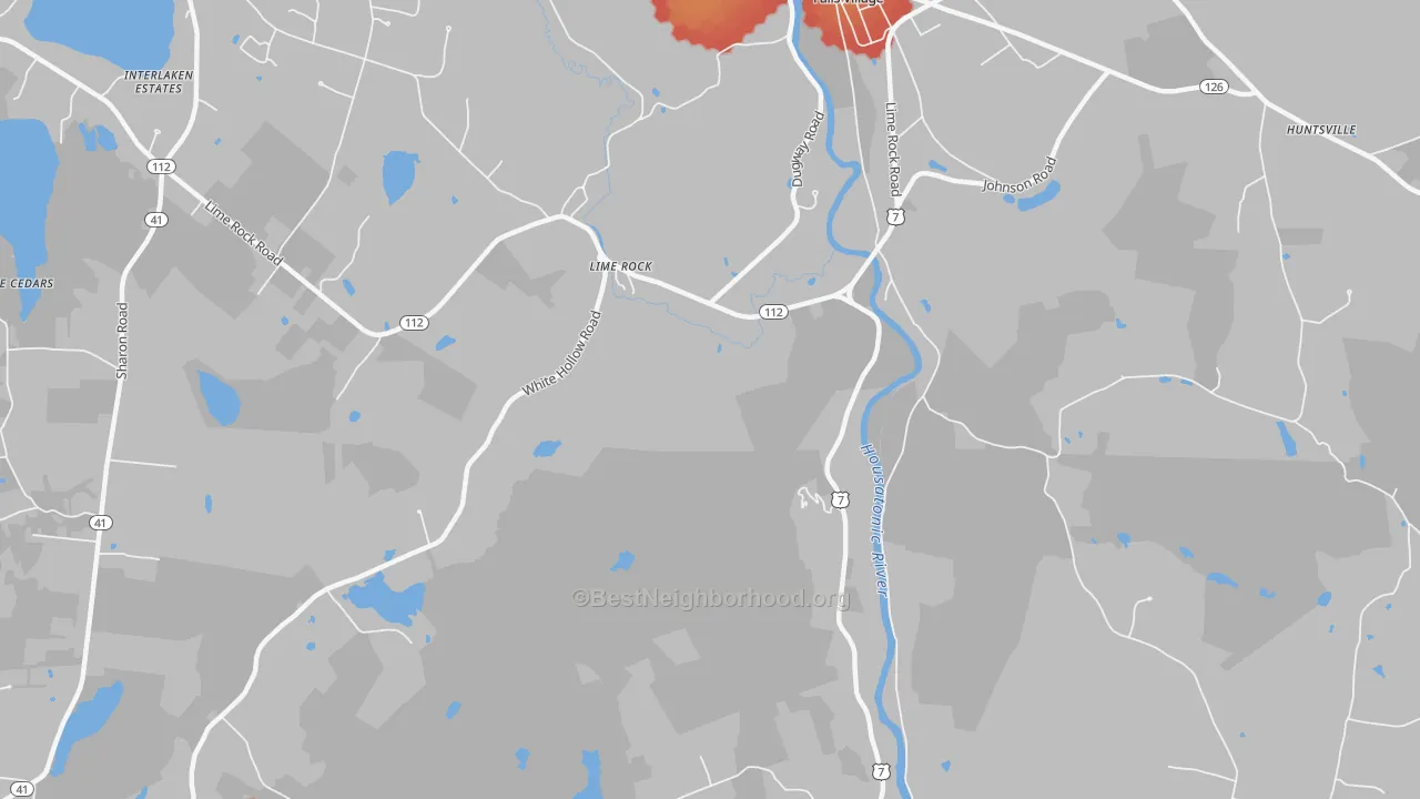 Walk Grade map of Lime Rock, CT, walkable areas in green and car-dependent areas in red
