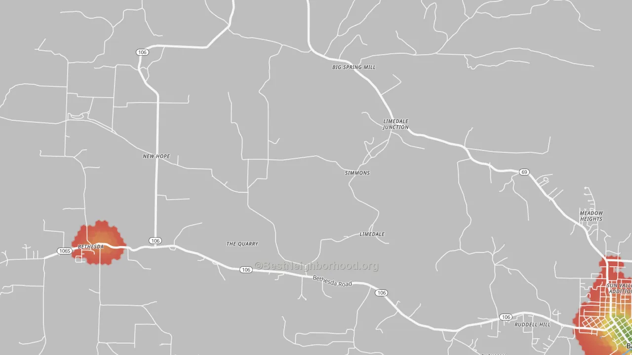 Walk Grade map of Limedale, AR, walkable areas in green and car-dependent areas in red