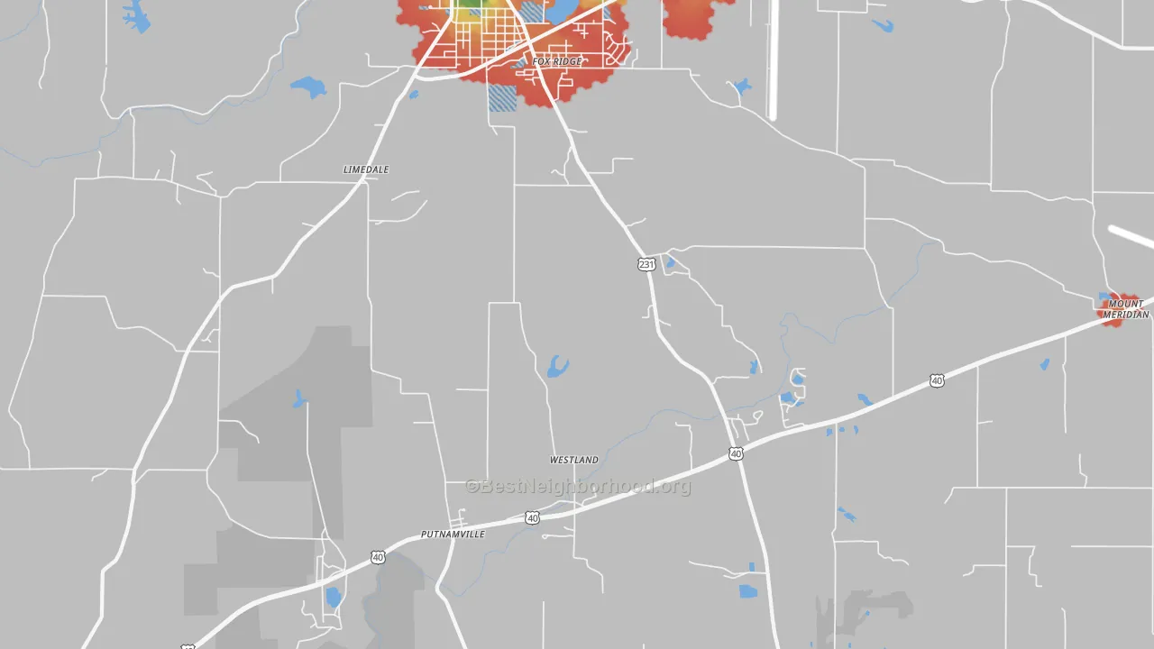 Walk Grade map of Limedale, IN, walkable areas in green and car-dependent areas in red