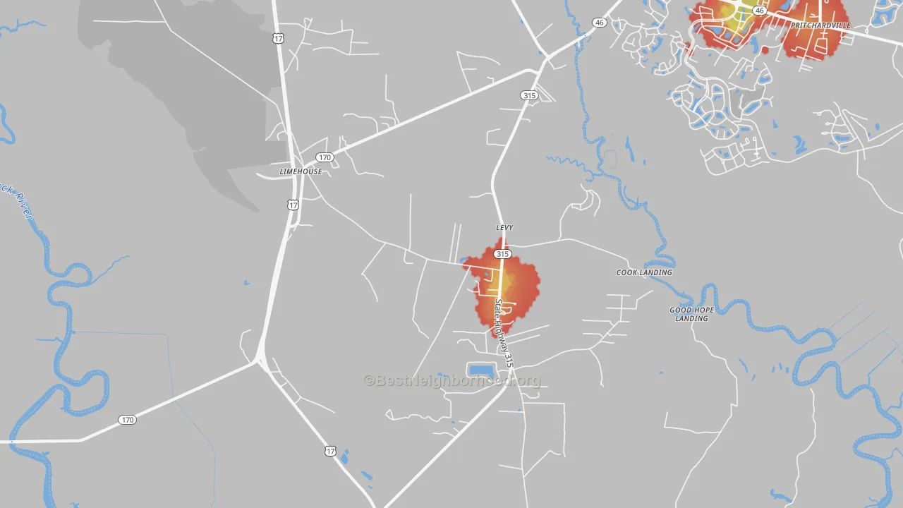 Walk Grade map of Limehouse, SC, walkable areas in green and car-dependent areas in red