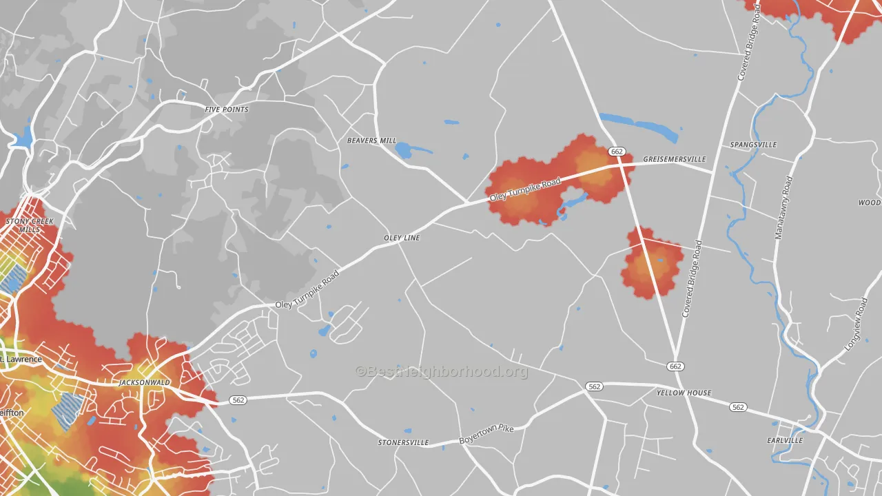 Walk Grade map of Limekiln, PA, walkable areas in green and car-dependent areas in red