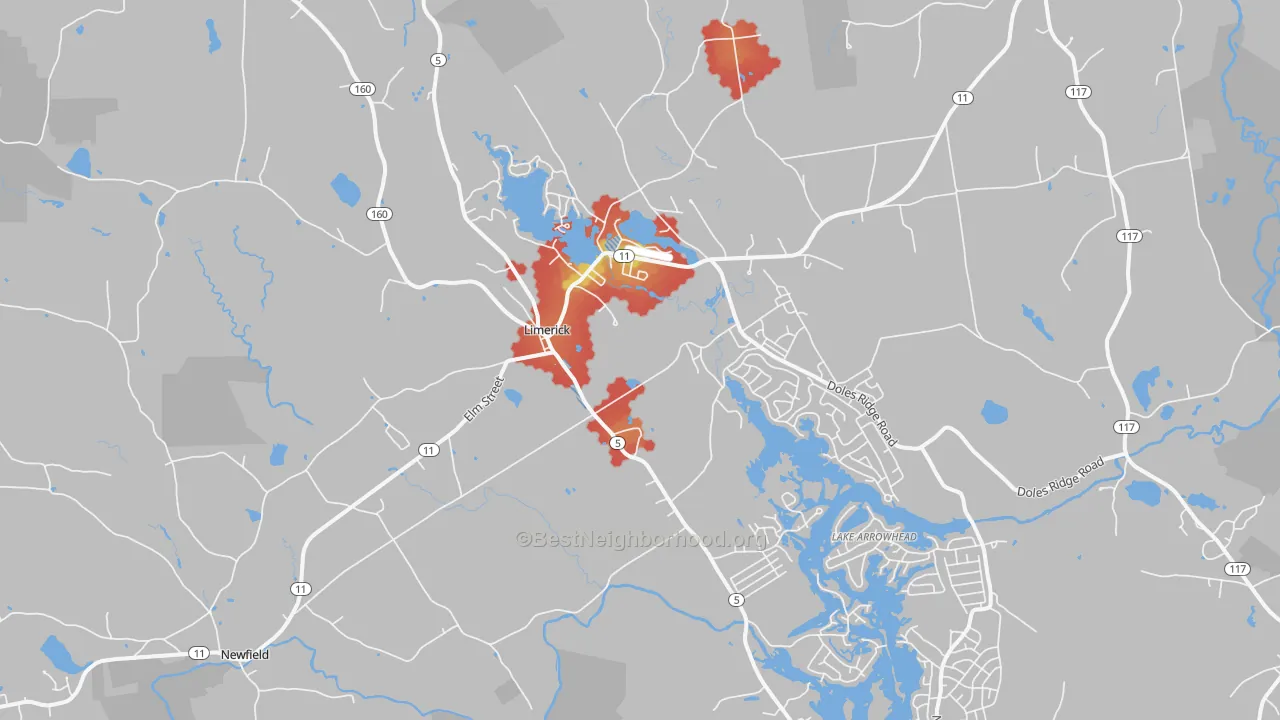 Walk Grade map of Limerick, ME, walkable areas in green and car-dependent areas in red