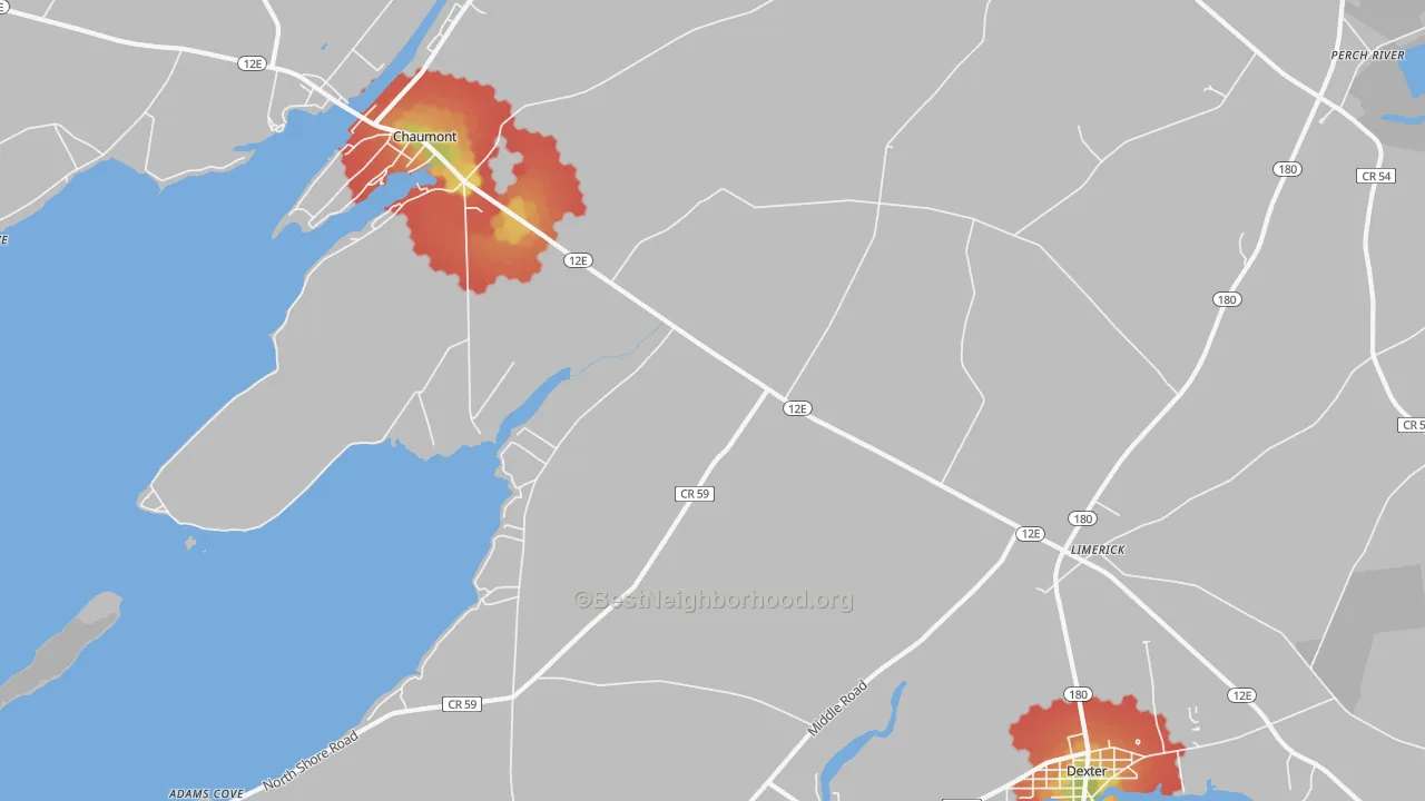 Walk Grade map of Limerick, NY, walkable areas in green and car-dependent areas in red