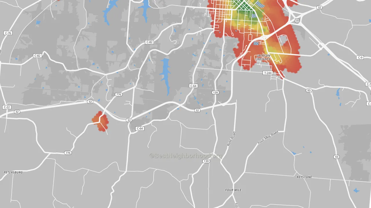 Walk Grade map of Limerick, OH, walkable areas in green and car-dependent areas in red