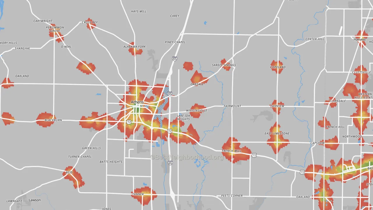 Walk Grade map of Limestone County, AL, walkable areas in green and car-dependent areas in red