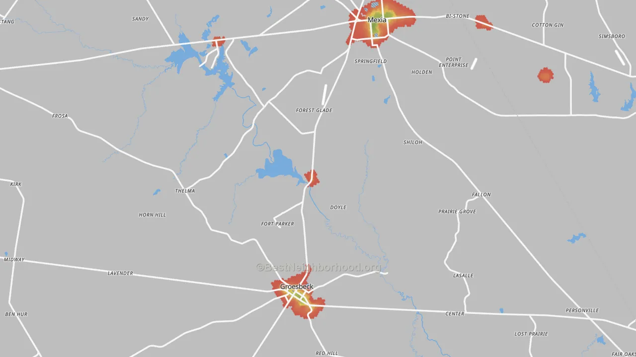 Walk Grade map of Limestone County, TX, walkable areas in green and car-dependent areas in red