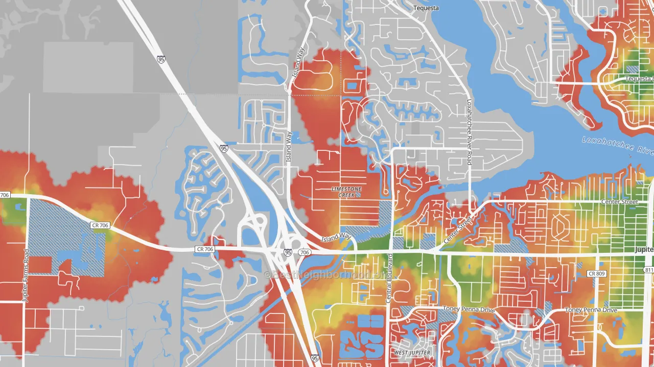 Walk Grade map of Limestone Creek, FL, walkable areas in green and car-dependent areas in red