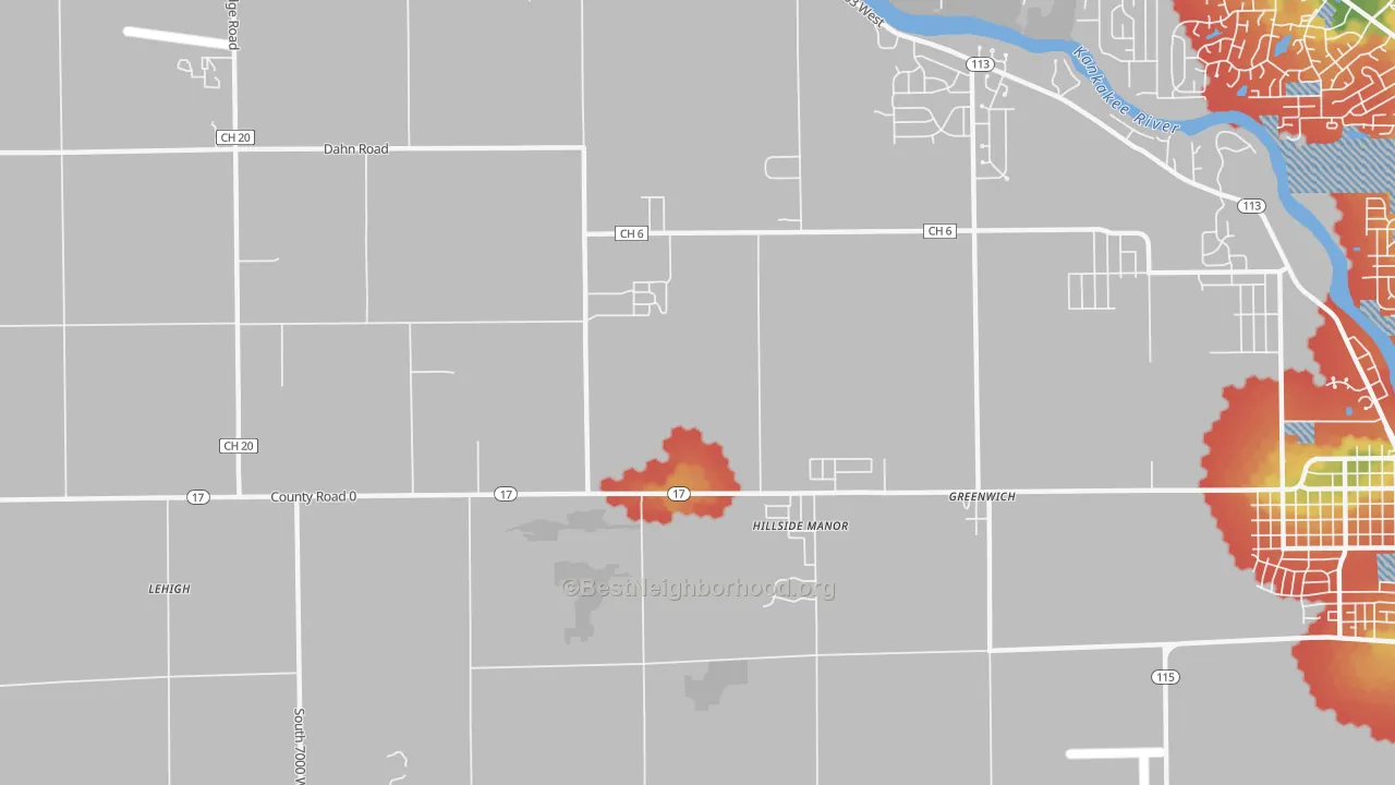 Walk Grade map of Limestone, IL, walkable areas in green and car-dependent areas in red
