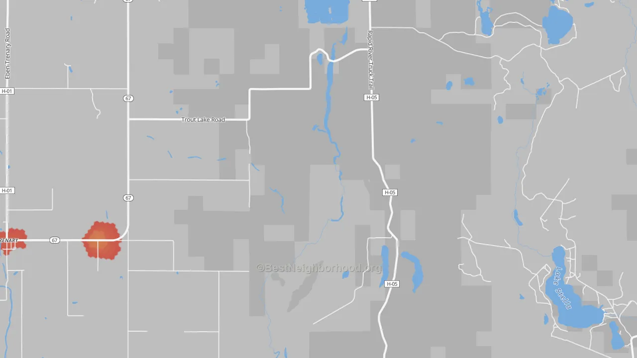 Walk Grade map of Limestone, MI, walkable areas in green and car-dependent areas in red
