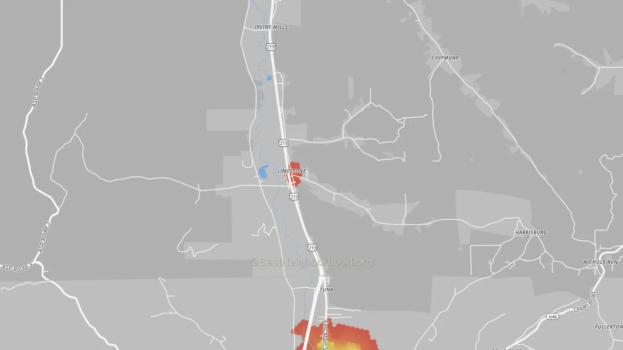 Walk Grade map of Limestone, NY, walkable areas in green and car-dependent areas in red