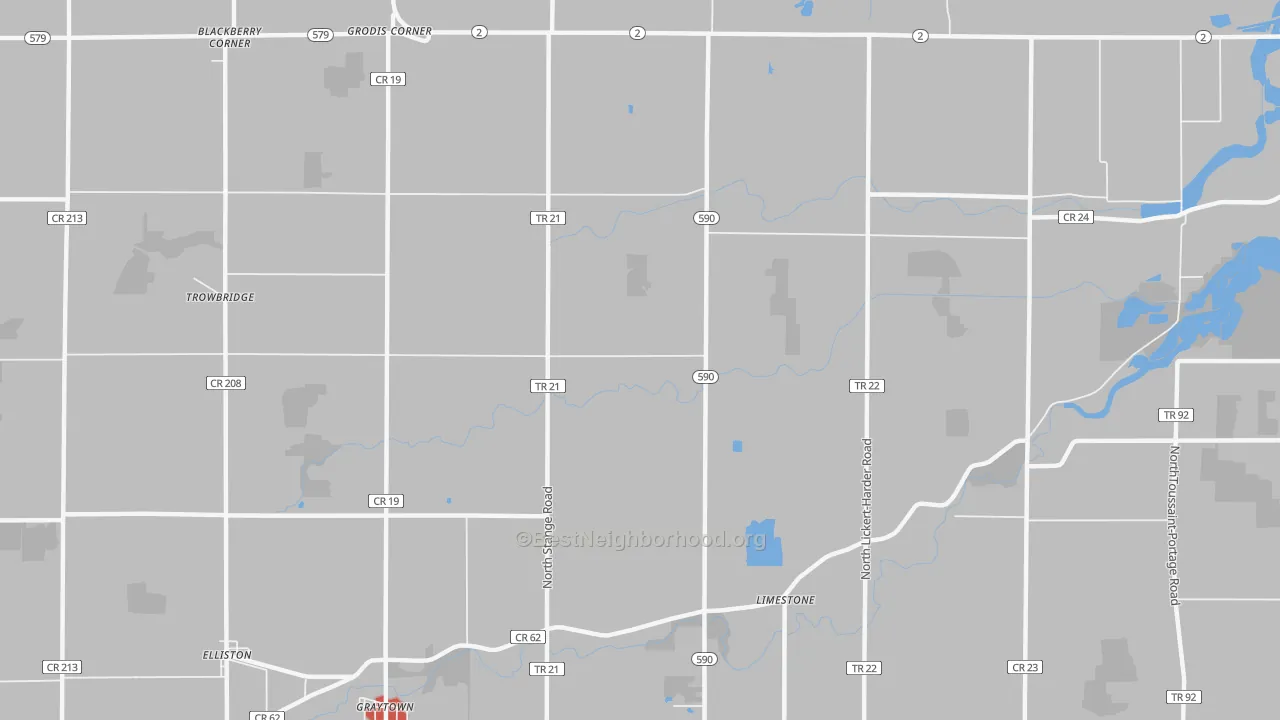 Walk Grade map of Limestone, OH, walkable areas in green and car-dependent areas in red