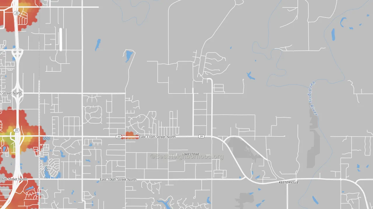 Walk Grade map of Limestone, OK, walkable areas in green and car-dependent areas in red