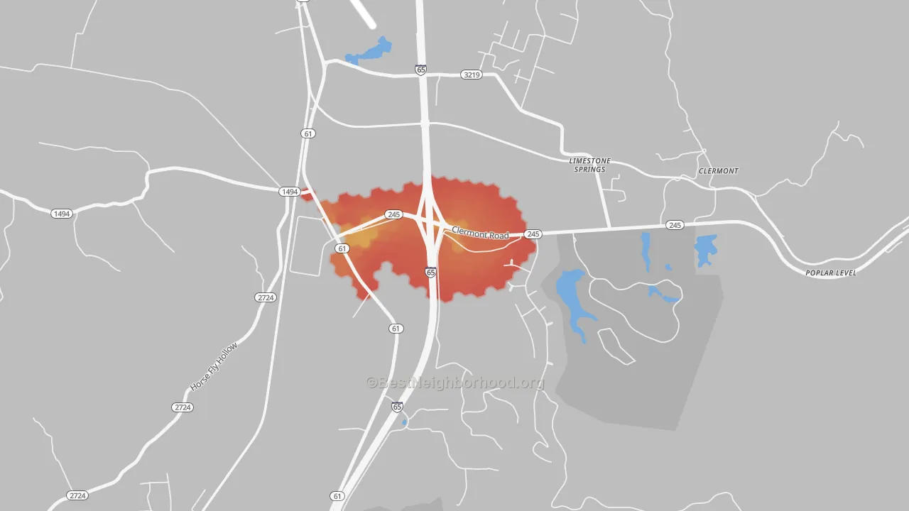 Walk Grade map of Limestone Springs, KY, walkable areas in green and car-dependent areas in red