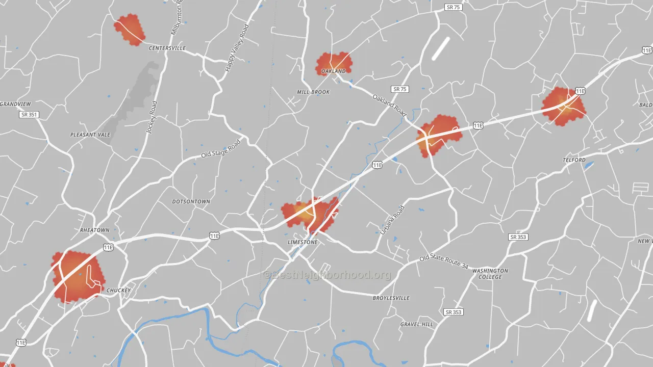 Walk Grade map of Limestone, TN, walkable areas in green and car-dependent areas in red