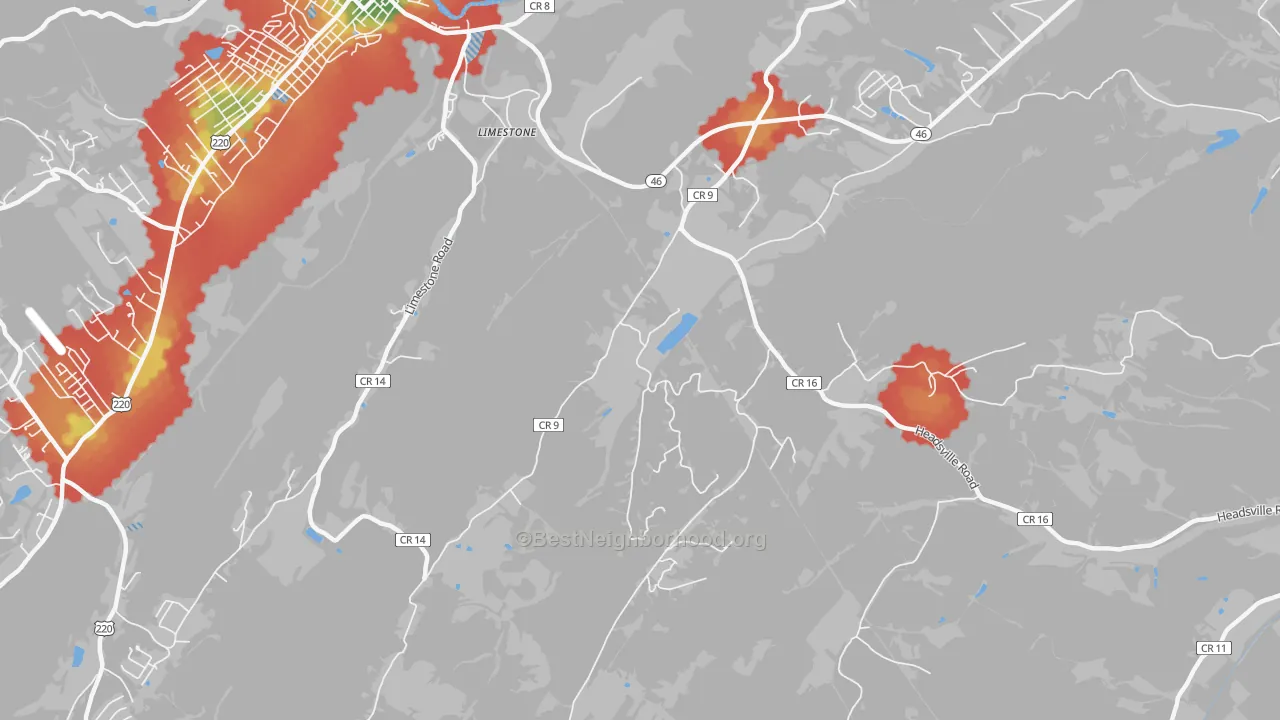 Walk Grade map of Limestone, WV, walkable areas in green and car-dependent areas in red