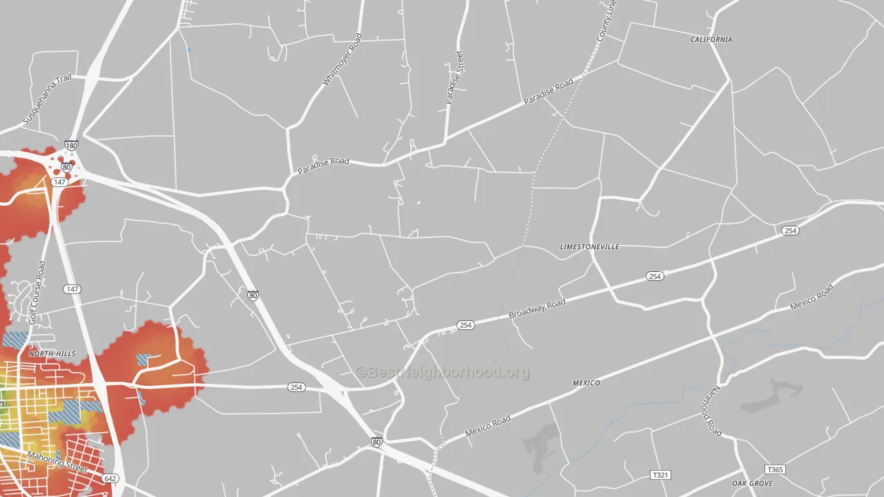 Walk Grade map of Limestoneville, PA, walkable areas in green and car-dependent areas in red