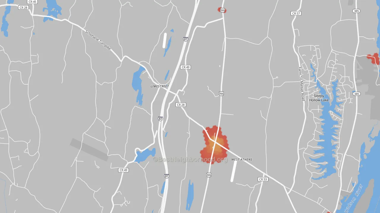 Walk Grade map of Limestreet, NY, walkable areas in green and car-dependent areas in red
