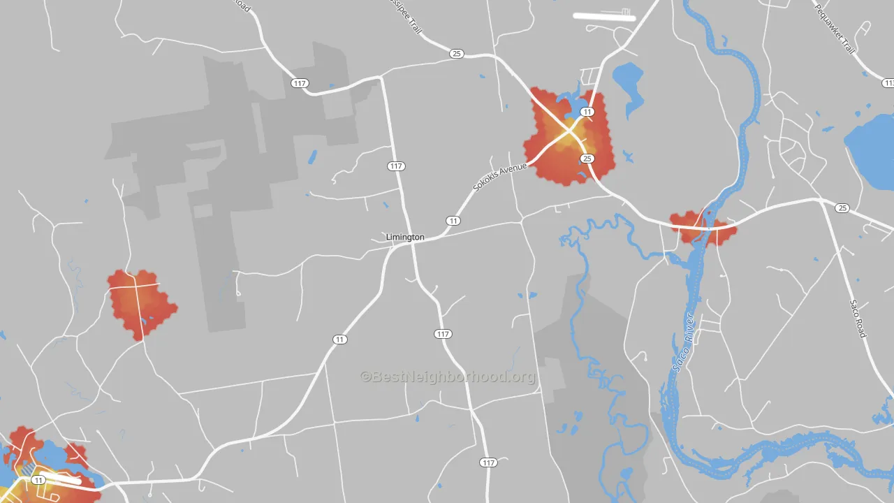 Walk Grade map of Limington, ME, walkable areas in green and car-dependent areas in red