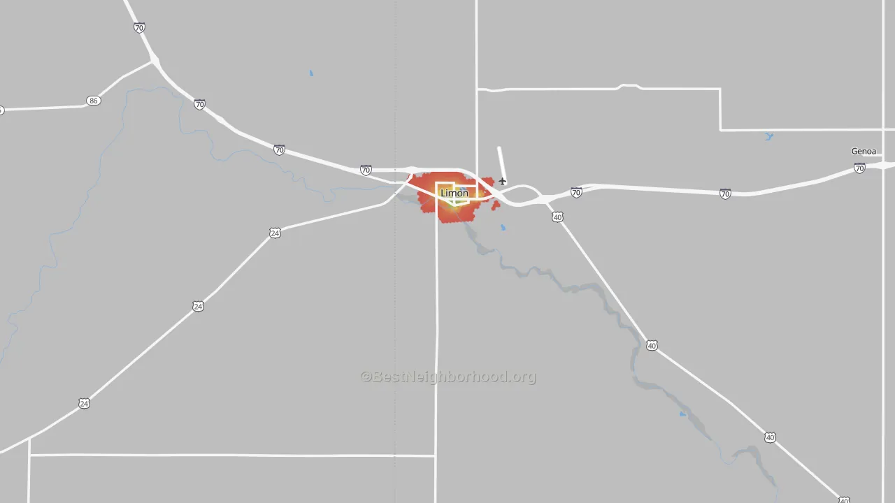 Walk Grade map of Limon, CO, walkable areas in green and car-dependent areas in red