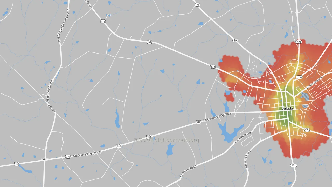 Walk Grade map of Limp, SC, walkable areas in green and car-dependent areas in red