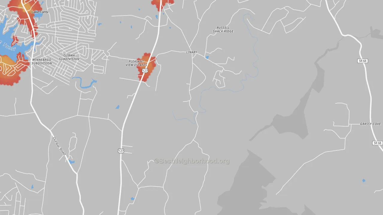 Walk Grade map of Linary, TN, walkable areas in green and car-dependent areas in red