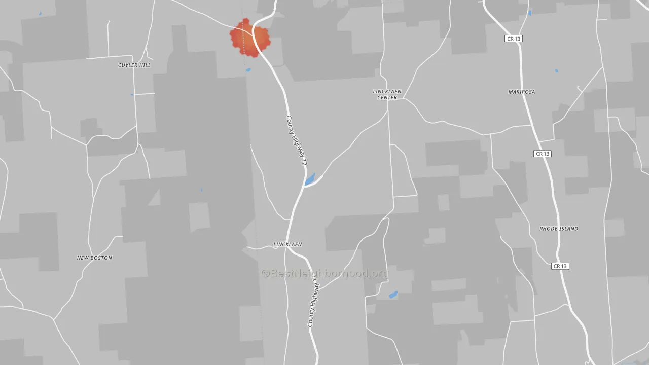 Walk Grade map of Lincklaen, NY, walkable areas in green and car-dependent areas in red