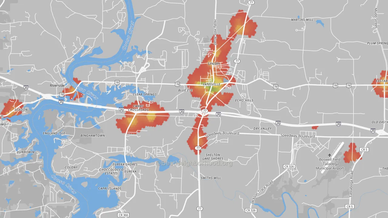 Walk Grade map of Lincoln, AL, walkable areas in green and car-dependent areas in red