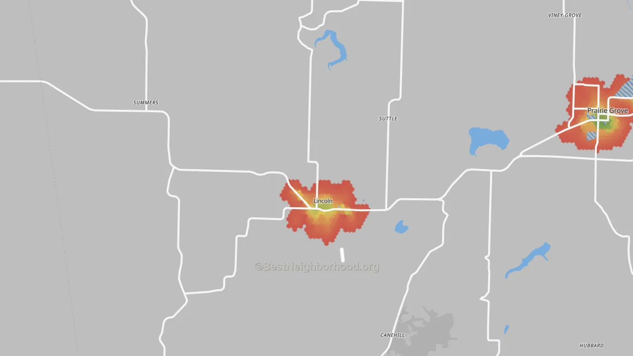 Walk Grade map of Lincoln, AR, walkable areas in green and car-dependent areas in red