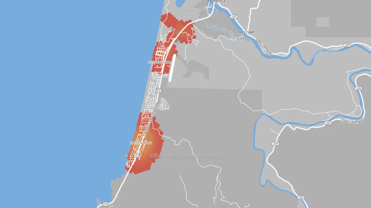 Walk Grade map of Lincoln Beach, OR, walkable areas in green and car-dependent areas in red