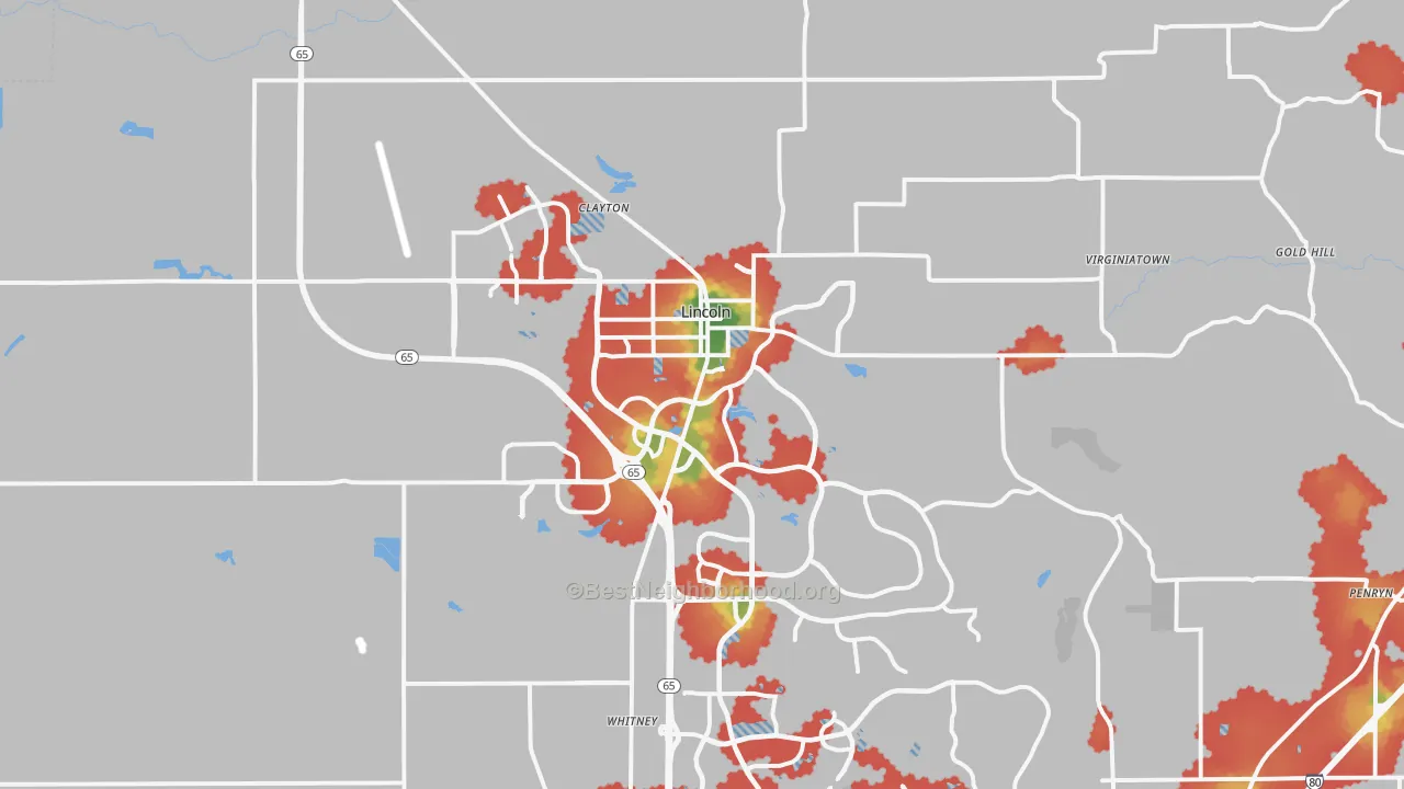 Walk Grade map of Lincoln, CA, walkable areas in green and car-dependent areas in red