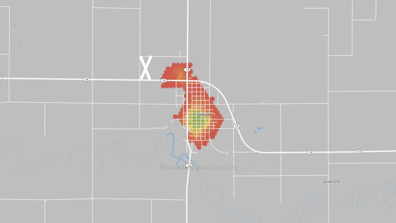 Walk Grade map of Lincoln Center, KS, walkable areas in green and car-dependent areas in red