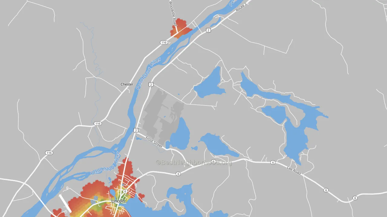 Walk Grade map of Lincoln Center, ME, walkable areas in green and car-dependent areas in red