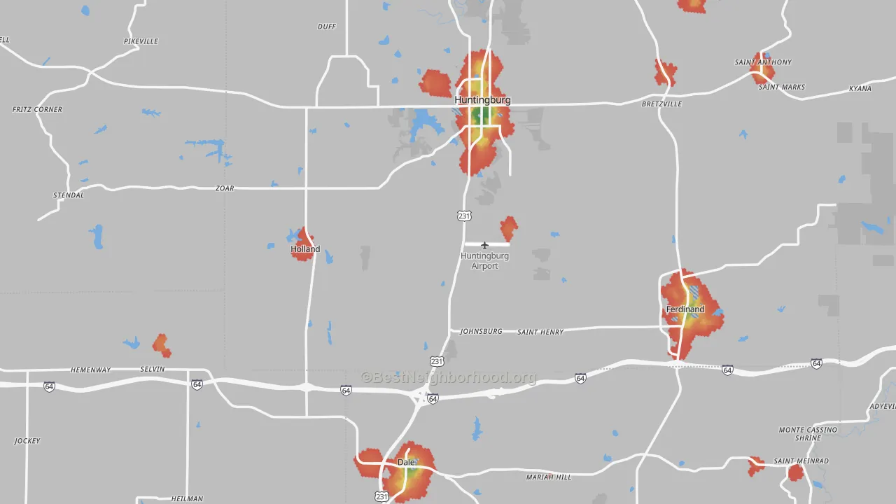 Walk Grade map of Lincoln City, IN, walkable areas in green and car-dependent areas in red