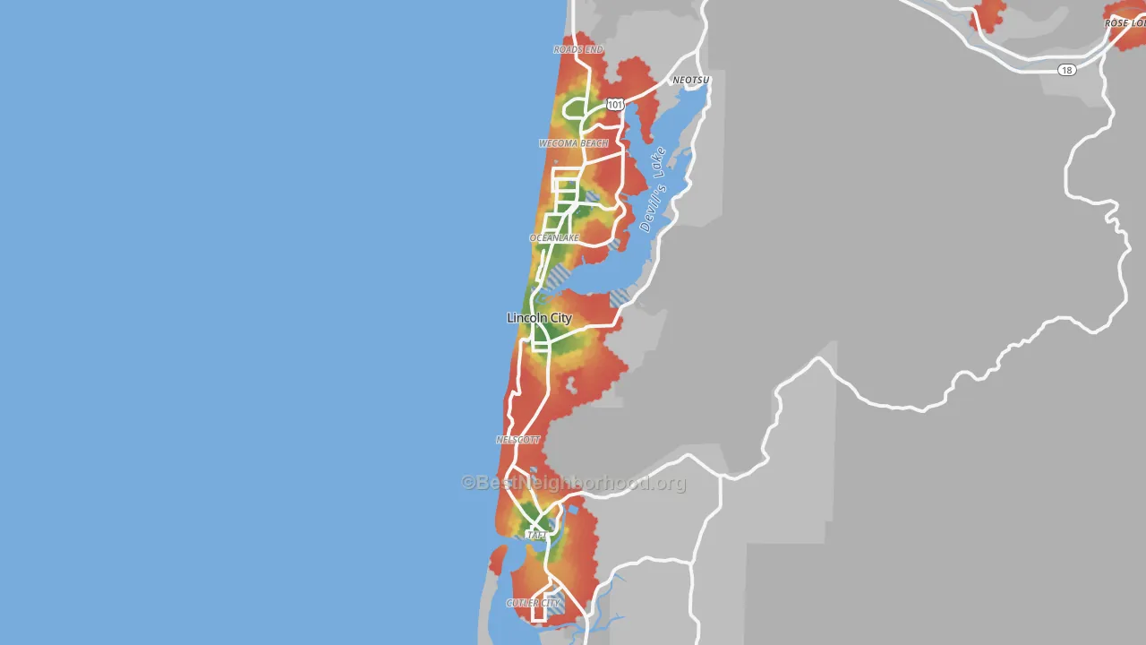 Walk Grade map of Lincoln City, OR, walkable areas in green and car-dependent areas in red